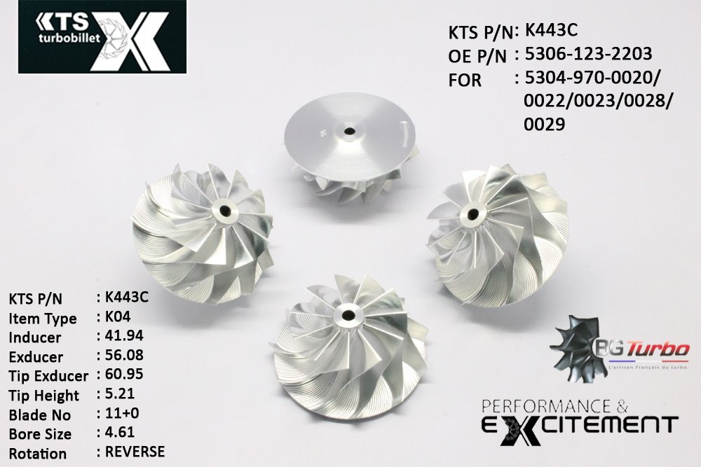 Turbo ROUE FORGÉE MFS PERFORMANCE - 11+0 PALES - INDUCER : 41,94 - EXDUCER : 56,08 - TYPE : K04ANGLE : 60° - ROTATION : Reverse - SUPER BACK : 1,8 - BORE SIZE : 4,61

